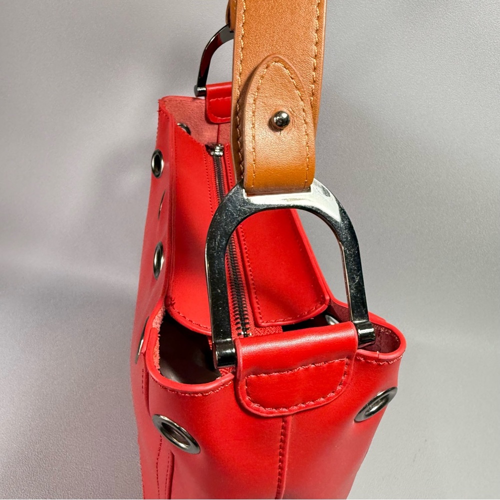 S-ZONE Red All Leather Bucket Tote Bag with Tan Handle and Metal Grommets - Picture 5 of 14